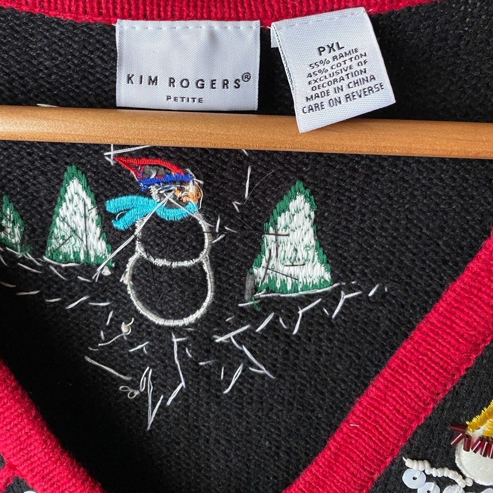 KIM ROGERS Black Sequin Embellished Embroidered Snowman Ugly Sweater Vest PXL - Picture 3 of 6